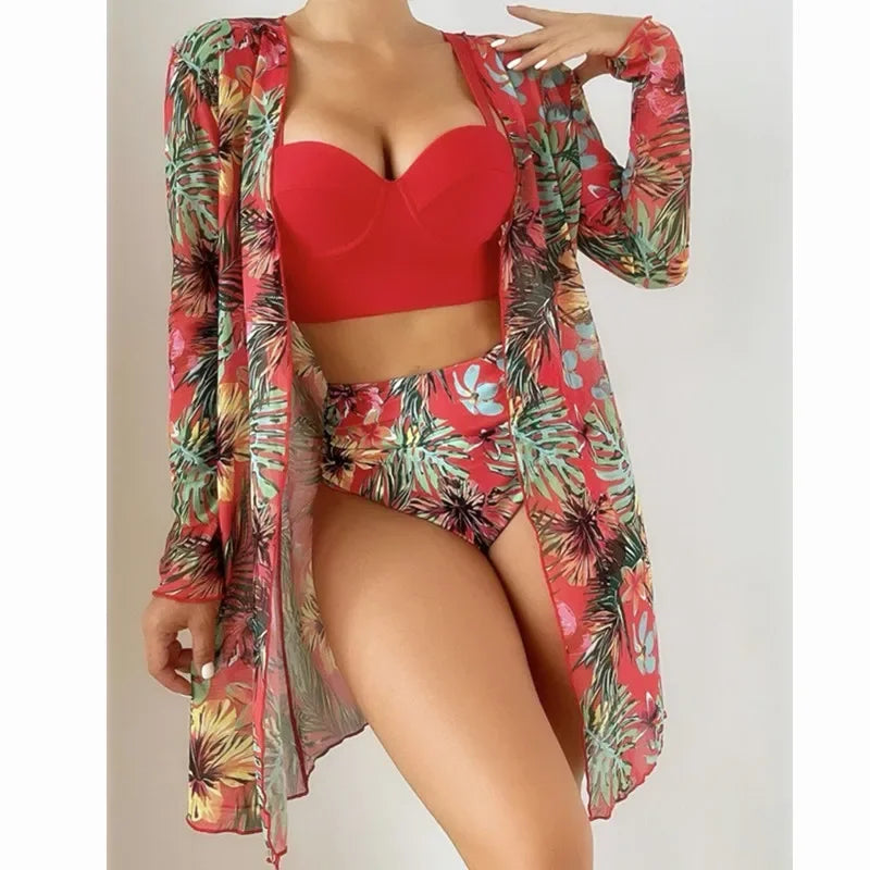 Three Pieces Bikini Set Cover Up Women 2023 New Push Up Twist Swimsuit Print Long Sleeve Swimwear Biquini Bathing Suit Summer