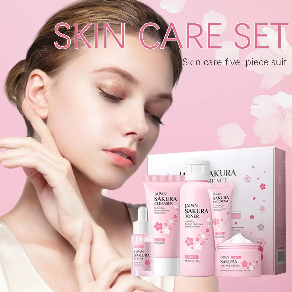 LAIKOU Japan Sakura Skin Care Set: 5-Piece Hydrating & Brightening Kit