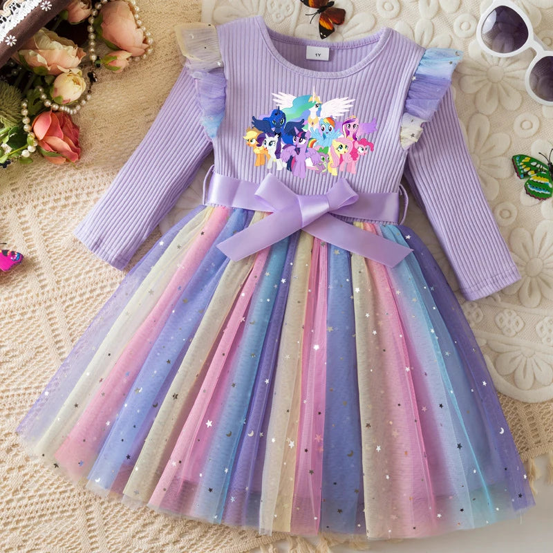 My Little Ponys Colorful Princess Dress for Kids Girls Casual Long Sleeve Sequin Mesh Dresses Party Gift 1-5Y