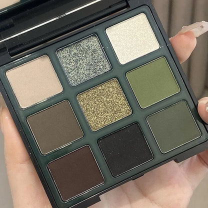 9 Color Eyeshadow Palette Olive Green Smoky Eye Look Pearlescent Shimmer Matte Eyeshadow Powder Makeup Palette Glitter Cosmetics