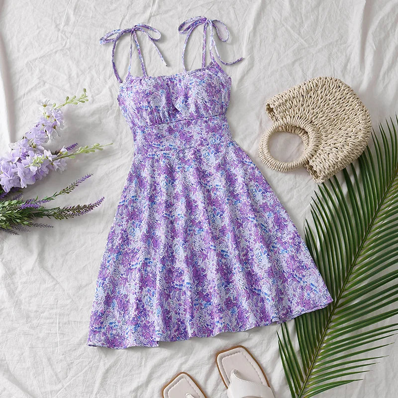 French Style Floral Summer Mini Dress: Sleeveless Camisole with Tie Straps