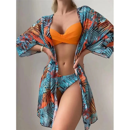 Three Pieces Bikini Set Cover Up Women 2023 New Push Up Twist Swimsuit Print Long Sleeve Swimwear Biquini Bathing Suit Summer