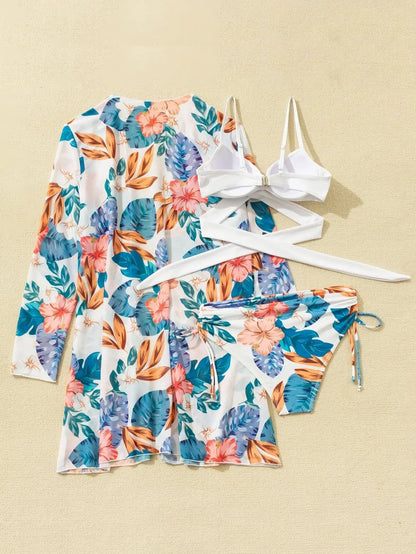 Three Pieces Bikini Set Cover Up Women 2023 New Push Up Twist Swimsuit Print Long Sleeve Swimwear Biquini Bathing Suit Summer
