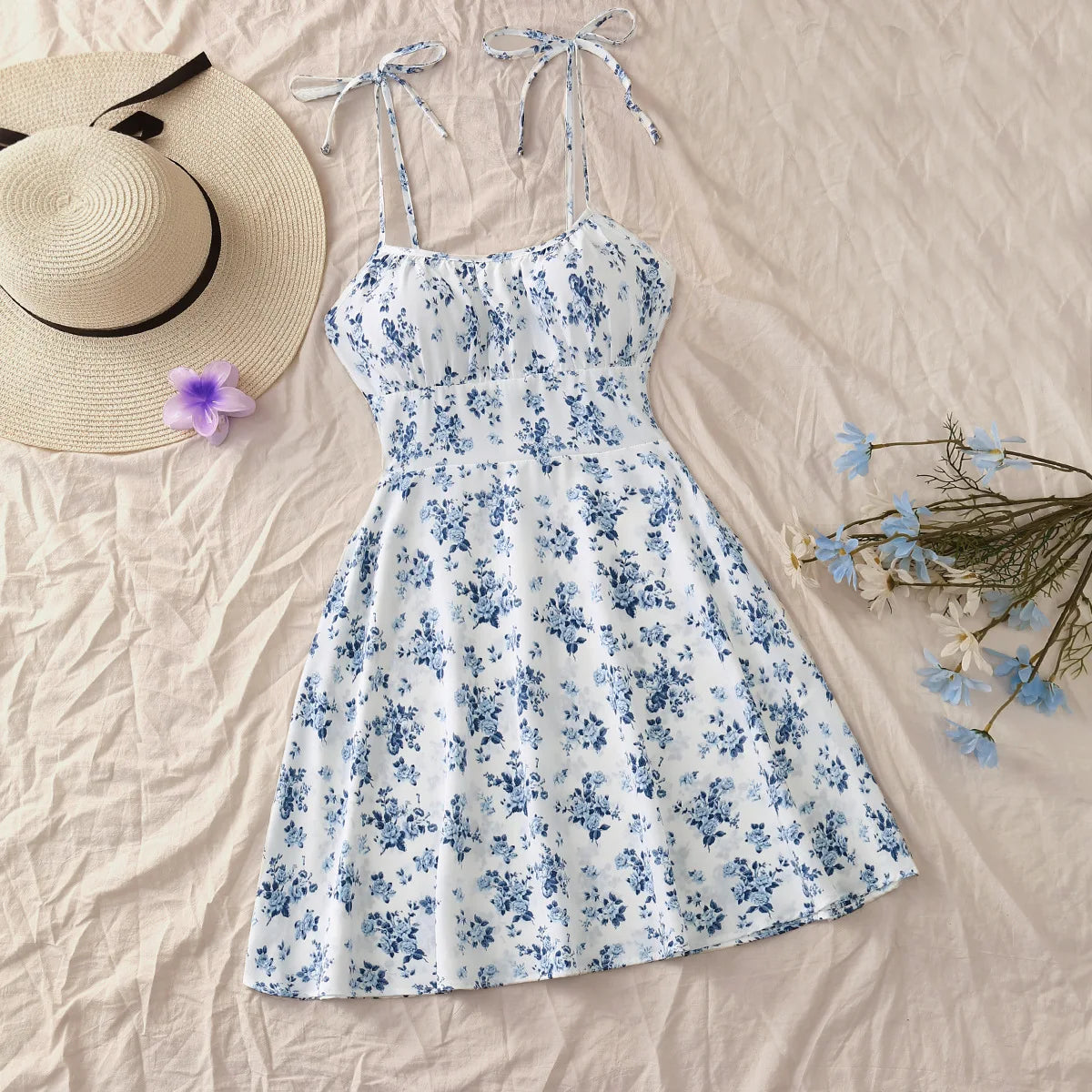 French Style Floral Summer Mini Dress: Sleeveless Camisole with Tie Straps