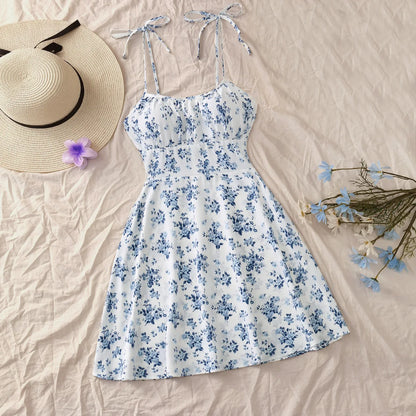 French Style Floral Summer Mini Dress: Sleeveless Camisole with Tie Straps