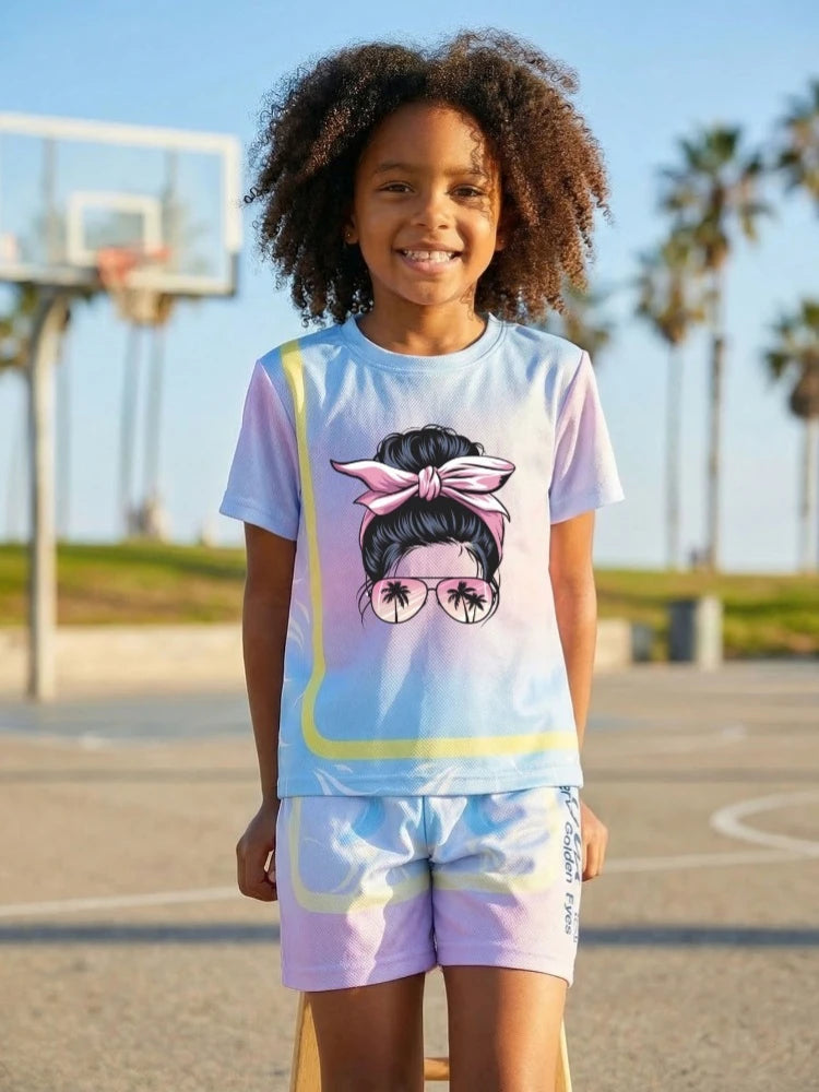 Girls' Sunset Beach 2-Piece Summer Set: Tie-Dye Mesh Tee & Shorts Sport Outfit