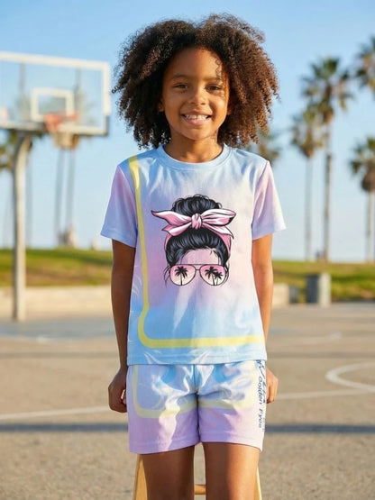 Girls' Sunset Beach 2-Piece Summer Set: Tie-Dye Mesh Tee & Shorts Sport Outfit