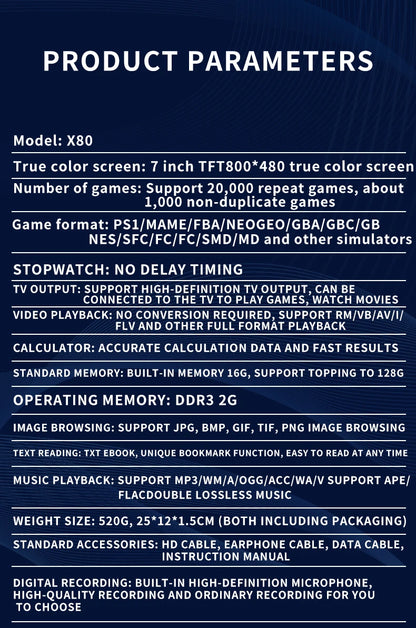 Coopreme X80 Portable Game Console 7-inch HD Large Screen Arcade PS1 Emulator Multi-function Nostalgia Classic PSP Handheld Game
