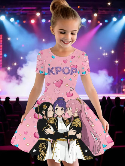 Girls' K-Pop "Anime Star" Summer Dress: Harajuku Style Short Sleeve A-Line Gown