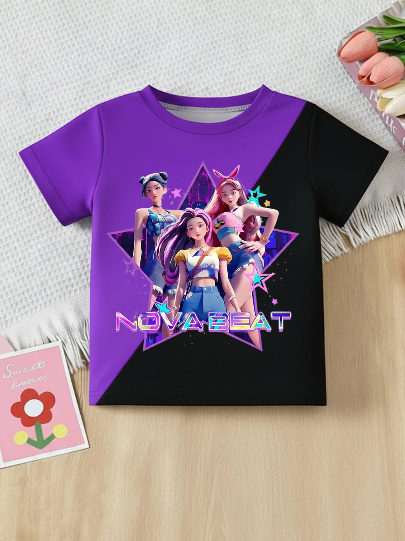 Girls' Nova Beat K-Pop 2-Piece Set: Graphic Tee & Ruffle Hem Shorts Streetwear