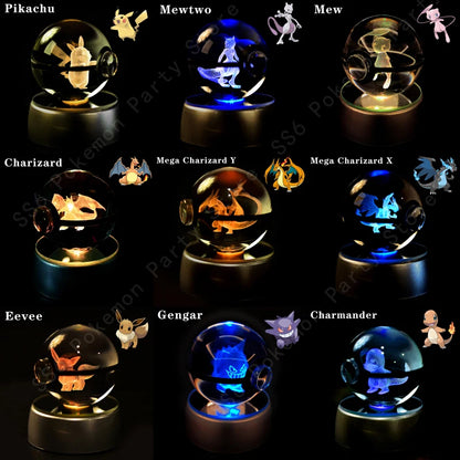 Pokemon Crystal Ball 3D Pikachu Mewtwo Gengar Pokeball 3D Night Light Lamp Glass Statue Pokemon Crystal Ball Kids Birthday Gift