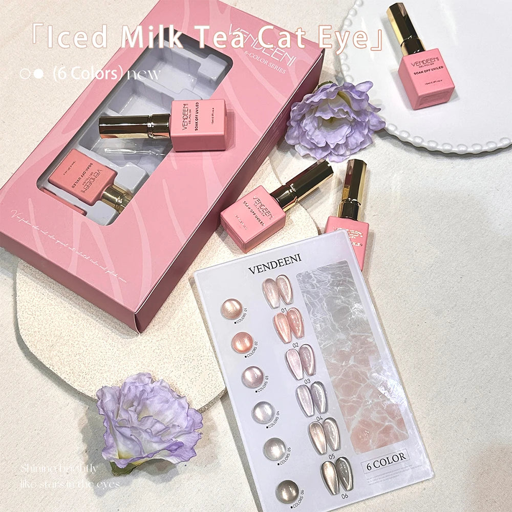 Vendeeni 6 Colors Crystal Cat Eye Gel Nail Polish Set Semi Permanent Sparkling Magnetic UV LED Soak Off Gel Varnish With Display