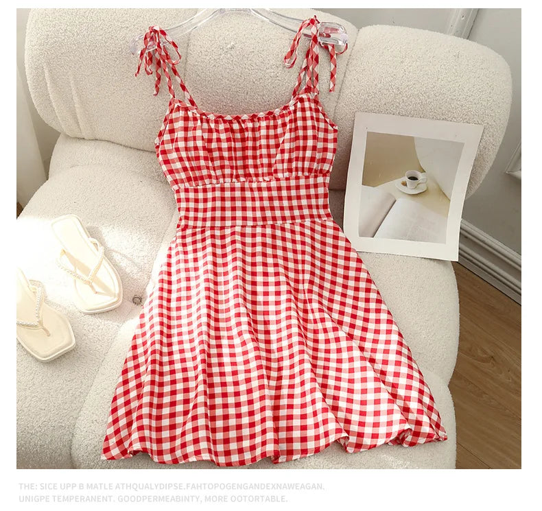 French Style Floral Summer Mini Dress: Sleeveless Camisole with Tie Straps