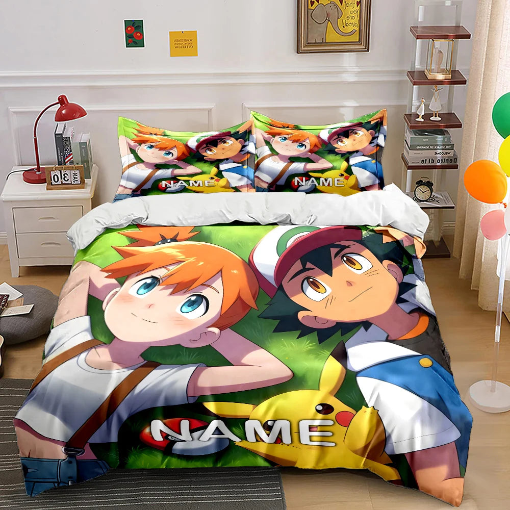 3PC Custom Name Pokemon Cartoon Print Bedding Set Duvet Cover 1 Duvet Cover 2 Pillowcases Adult and Children Bedding Set Luxury