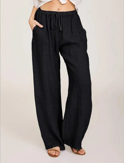 Loose Linen-Blend Wide Leg Casual Pants: Breathable Drawstring Summer Trousers