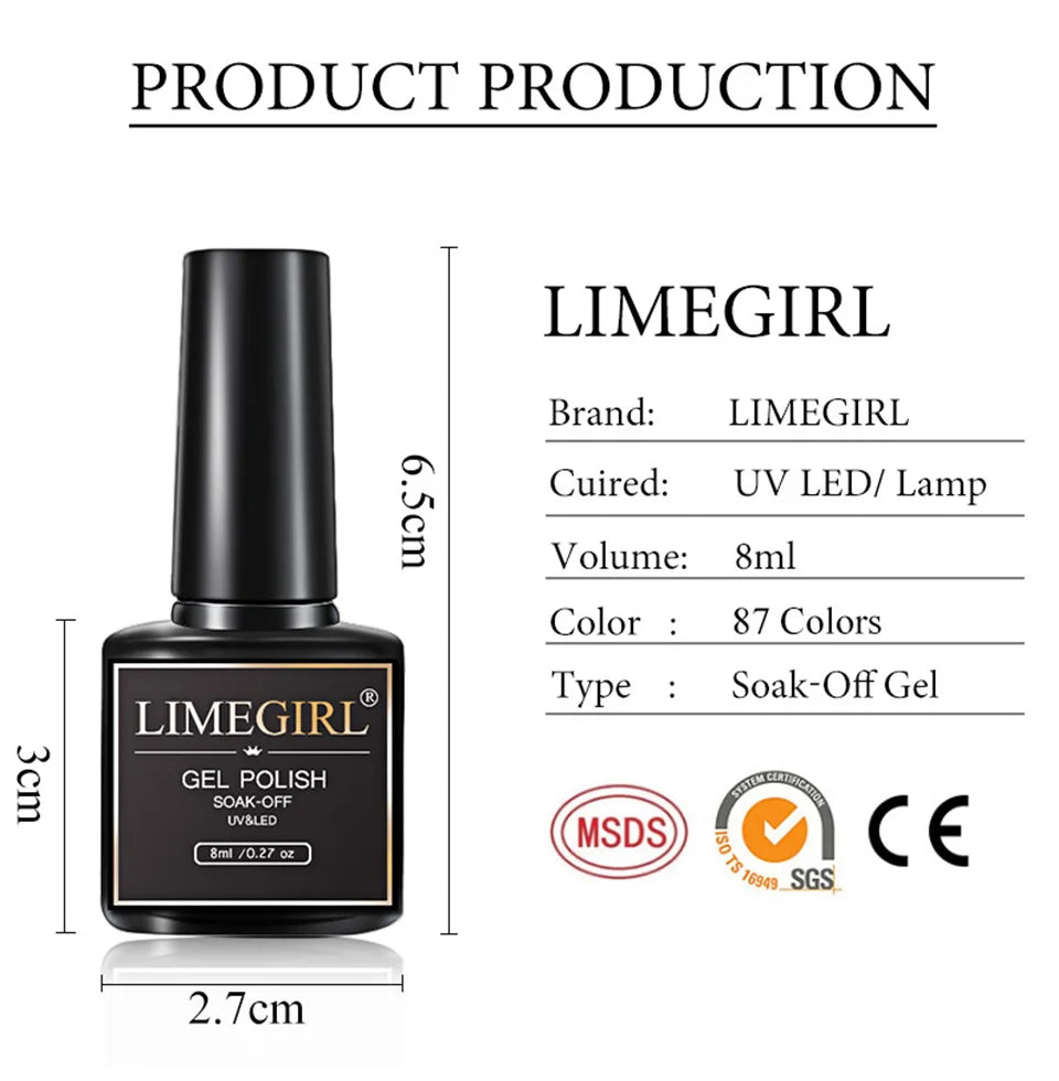 LIMEGIRL 8ML Gel Nail Polish Kit Semi-Permanent Soak Gel Varnish Base Coat Polishing Tool with UV LED Light Nail Gel Kit