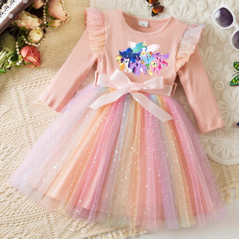 My Little Ponys Colorful Princess Dress for Kids Girls Casual Long Sleeve Sequin Mesh Dresses Party Gift 1-5Y