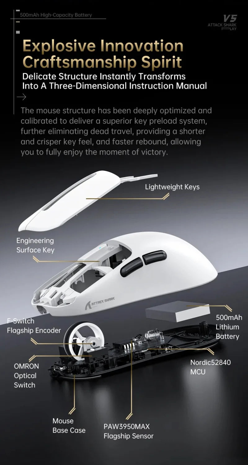 ATTACK SHARK V5 Wireless Gaming Mouse 3-Mode Ultra-Lightweight PAW3950MAX 8KHz Polling Rate For PC Gamer Accessories Gift