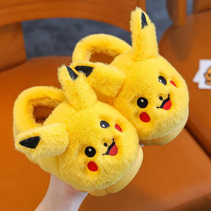 Cartoon Pikachu Figures Cotton Slippers Cover Heel Anime Peripheral Cute Flat Autumn/Winter Warm Plush Slippers Christmas Gifts