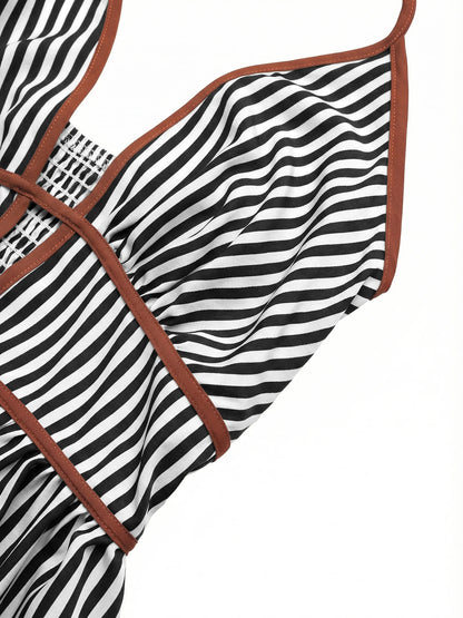 2026 Summer New Style Deep V-neck Striped Beach Dress, Sexy Backless Sleeveless Neckline Long Dress