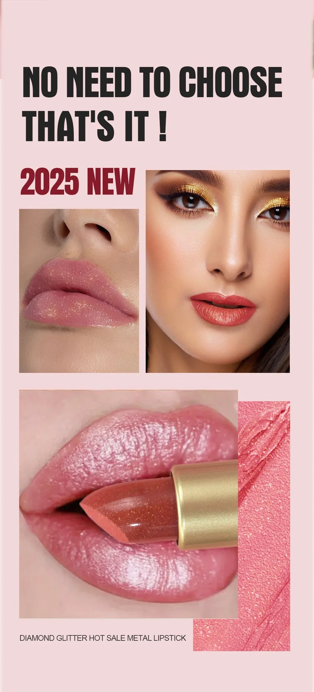 Pearlescent Pink Glitter Velvet Lipstick Metallic Waterproof Long Lasting Matte Shimmer Diamond Lipstick Women Makeup Cosmetic
