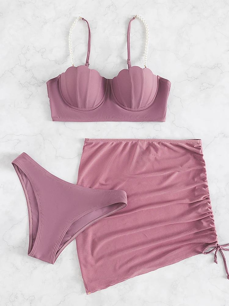 Sexy 3 Piece Bikinis Set Women Swimsuit with Skirt Swimwear 2023 New Female Push Up Bikini Beachwear Faux Pearl Bathing Suit