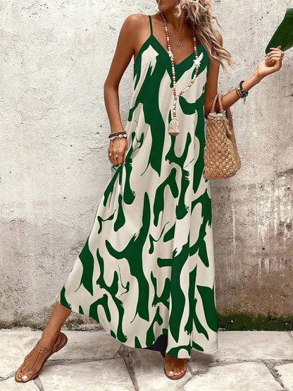 Summer 2026 Women's Fashion Slim Fit Floral Print V-Neck Loose Holiday Style Dress Knitted Fabric A- Line Skirt Casual Wear