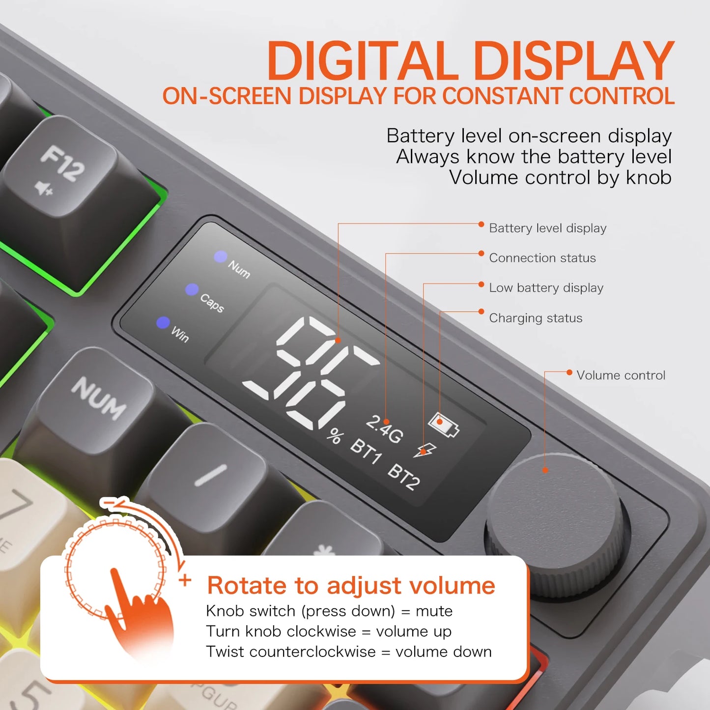 FREEWOLF M96 Wireless Dual-Mode Keyboard with Intelligent Screen,2000mAh Battery & PBT Keycaps,Compatible with Multiple Systems
