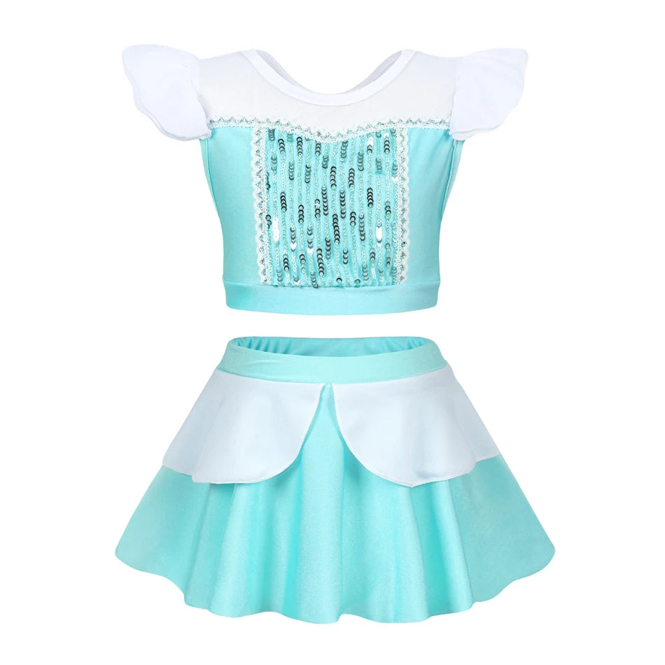 Girls Princess Swimsuit Cinderella Elsa Belle Rapunzel Cosplay Beachwear Kids Summer Fashion 2 Pcs Swimsuit Sets 2-9Yrs