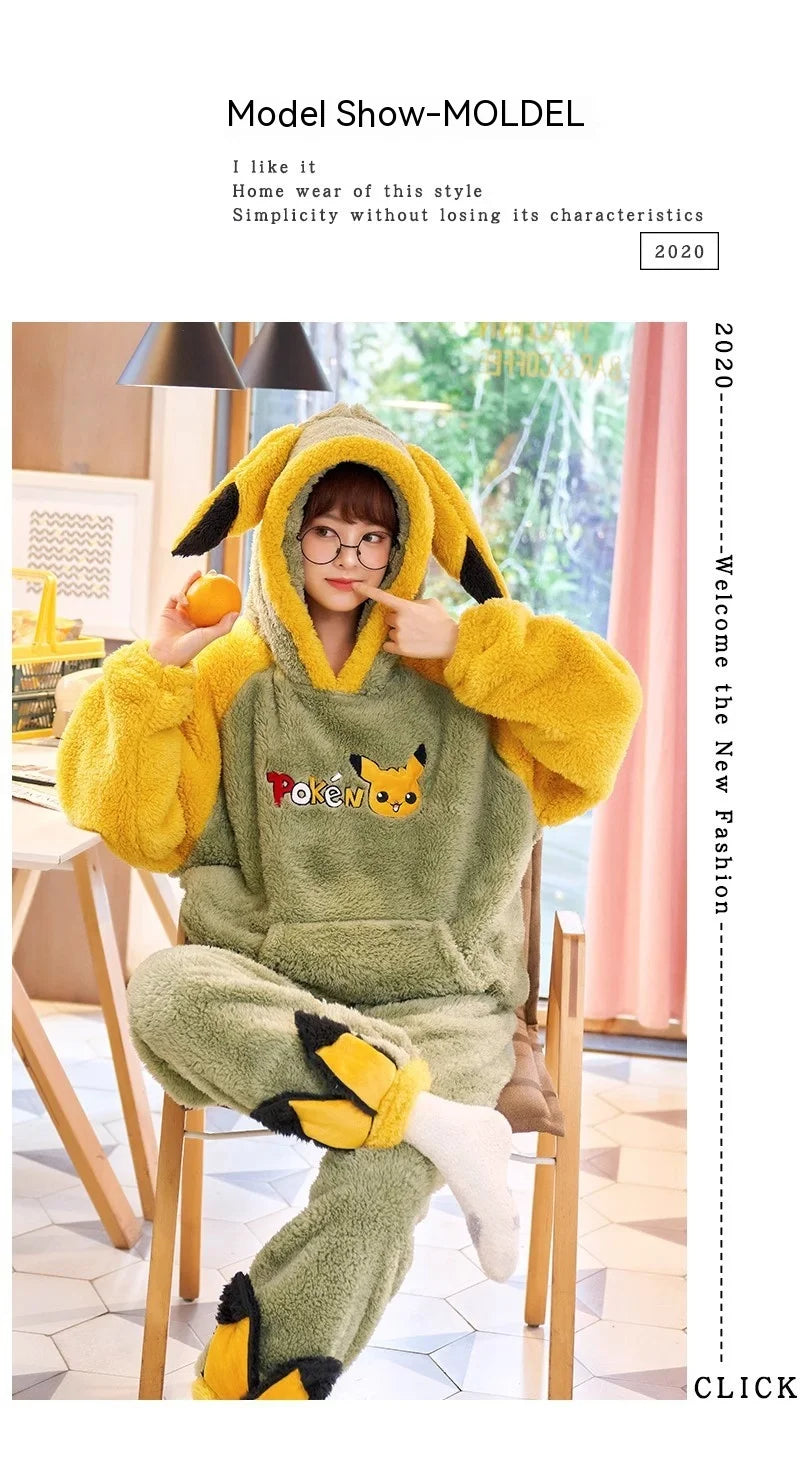 Pokemon Anime Pikachu Pajamas Hooded Women Cartoon Thickened Winter Plush Kawaii Nightgown Suit Two Home Clothing Christmas Gift