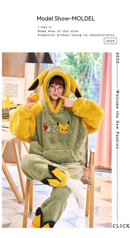 Pokemon Anime Pikachu Pajamas Hooded Women Cartoon Thickened Winter Plush Kawaii Nightgown Suit Two Home Clothing Christmas Gift