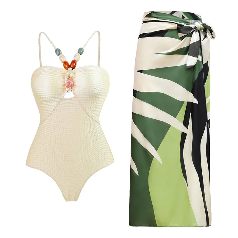 2024 Sexy Women's Swimsuit with Skirt One-Piece Swimwear Vintage Ruffle V Neck Cover Up Bikinis Set Beachwear Bathing Suit