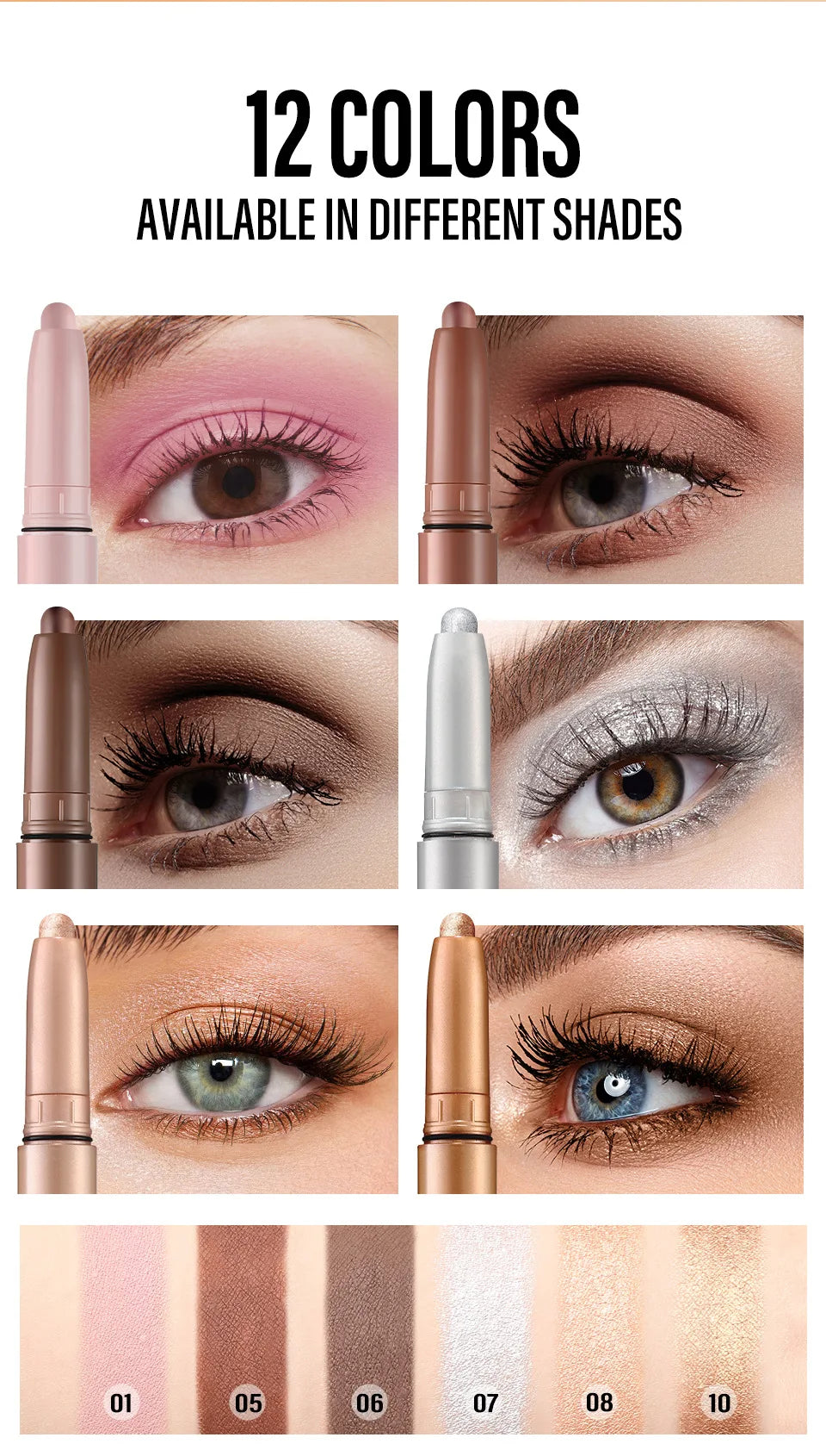 Pearlescent Matte Eyeshadow Pencil Waterproof Smoky Glitter Highlighter Pen Black Brown Makeup Tool Creamy Smooth