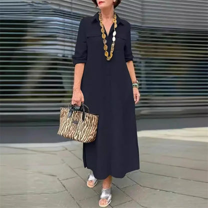 Women Spring Autumn Long Sleeve Lapel Single-breasted Cardigan Dress Double Pocket Splicing Dresses Elegant Female Commuter Gown