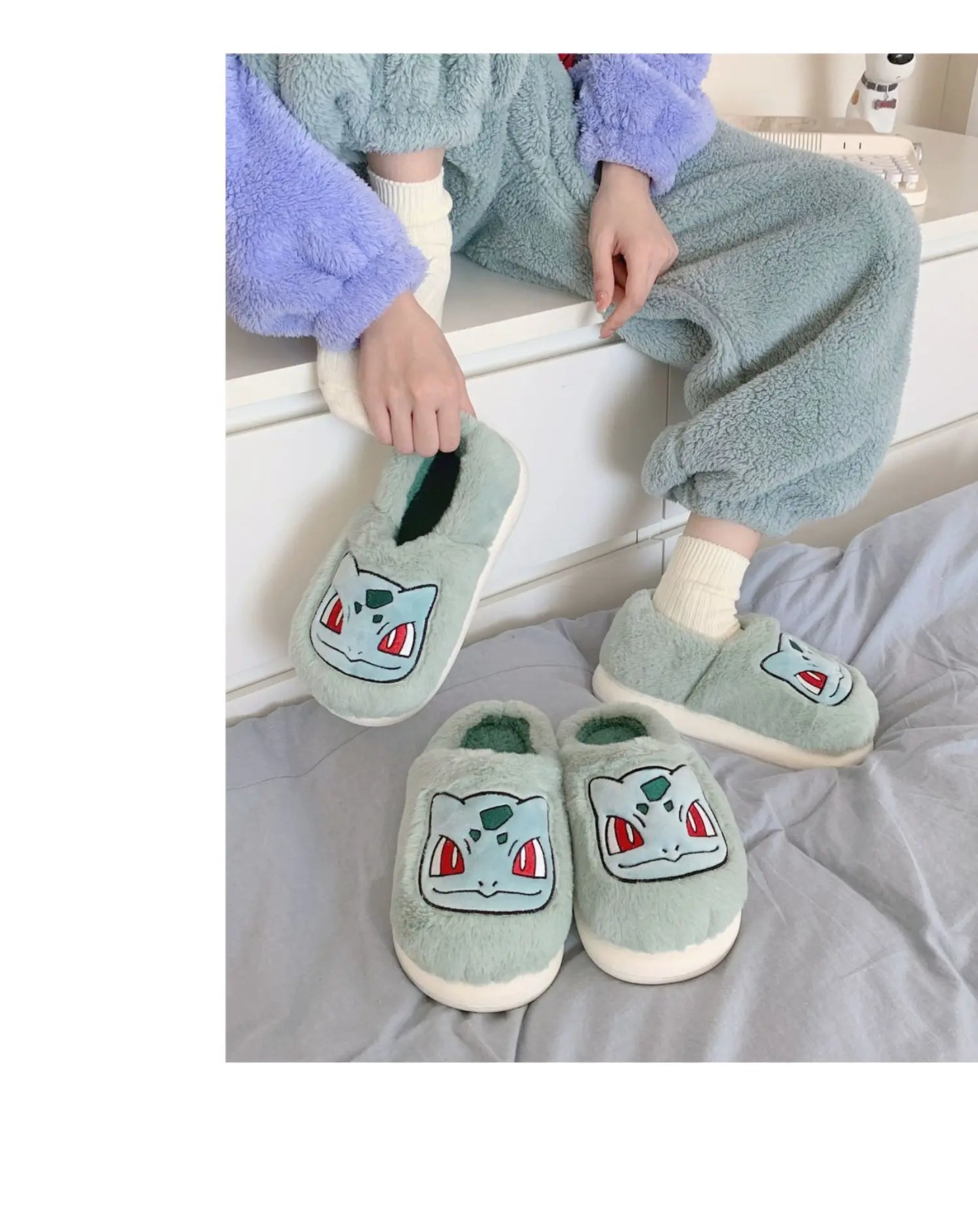 Pokémon Genuine Bulbasaur Indoor Fall and Winter Plus Velvet Warm Soft-soled Comfortable Cotton Slippers for Men and Women