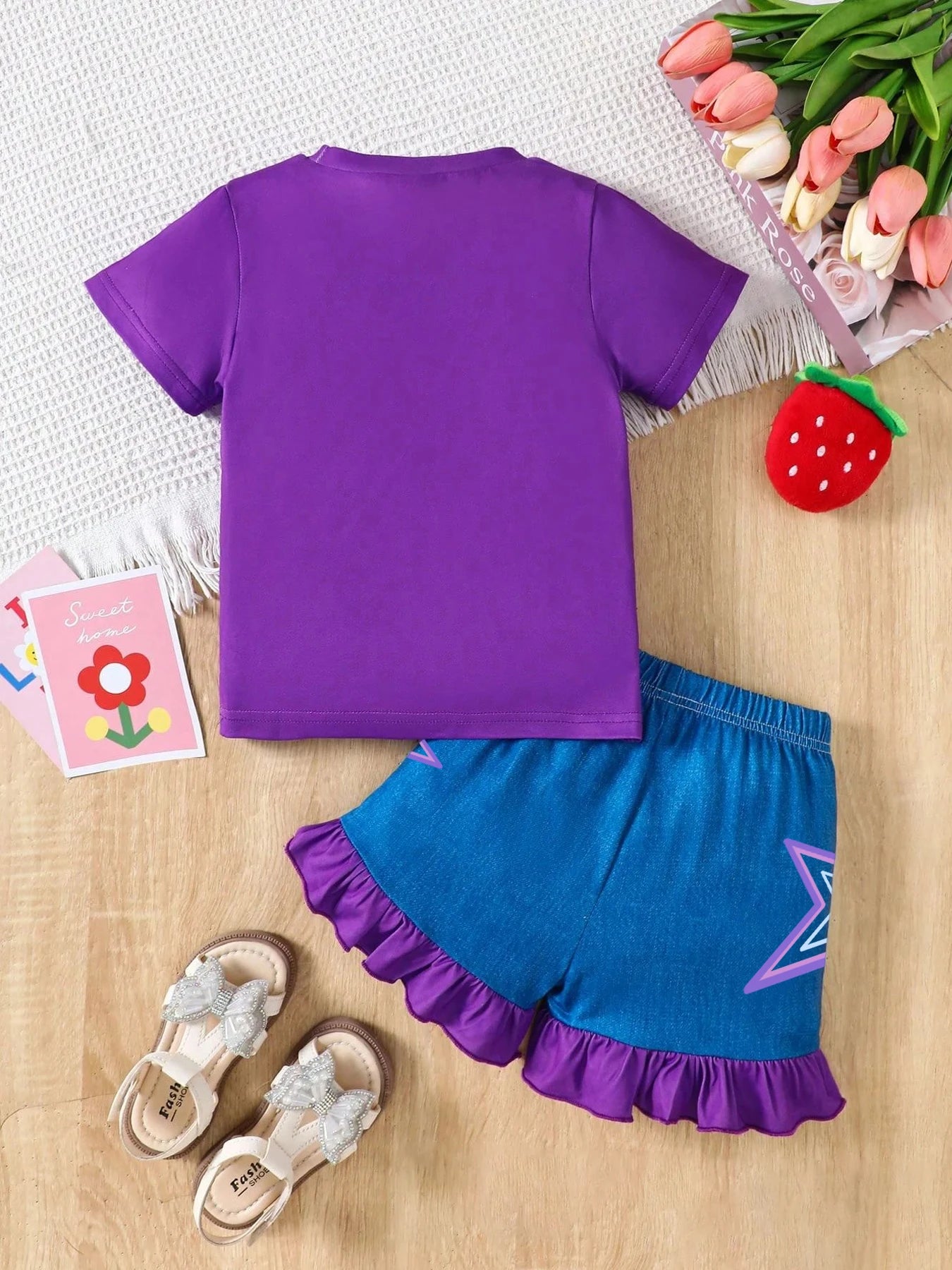 Girls' K-Pop Anime Star 2-Piece Set: Purple Graphic Tee & Ruffle Denim-Style Shorts