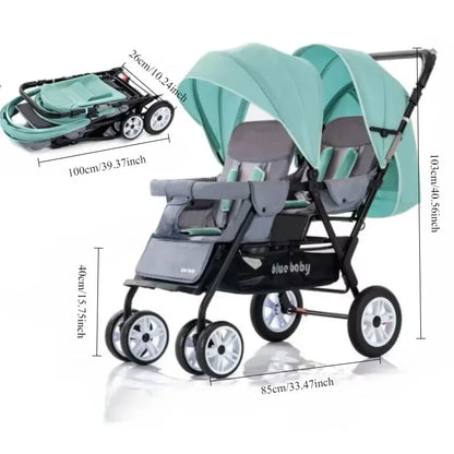 Large Double Stroller Sit Lying Foldable Portable Front & Rear Seat with Adjustable Backrest Canopy Double Brake Storage Basket