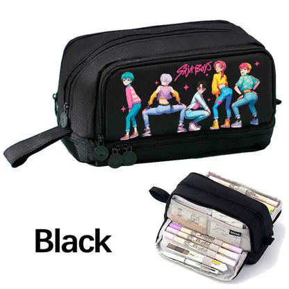 KPOP Pencil Case Student Storage Bag Stationery Large Space Storage 4 Compartment Pouch Double Side Opened