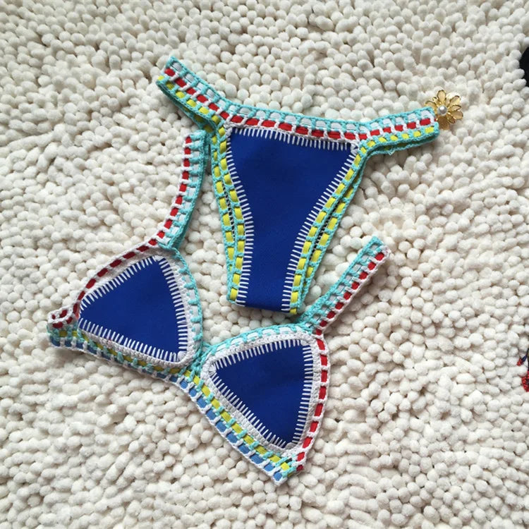 Bikini Crochet 2025 Handmade Knit Patchwork Reversible 2 Piece Swimsuit Women Halter Top Brazilian Bathing Suit Thong Swimwear