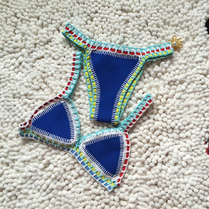 Bikini Crochet 2025 Handmade Knit Patchwork Reversible 2 Piece Swimsuit Women Halter Top Brazilian Bathing Suit Thong Swimwear