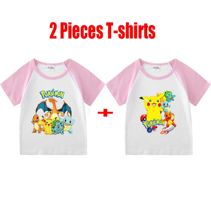 1/2 Pieces Pokemon Cartoon Tees For Boys Clothing Summer Children 100% cotton Short Sleeve T-shirts Printed T-shirt for girls
