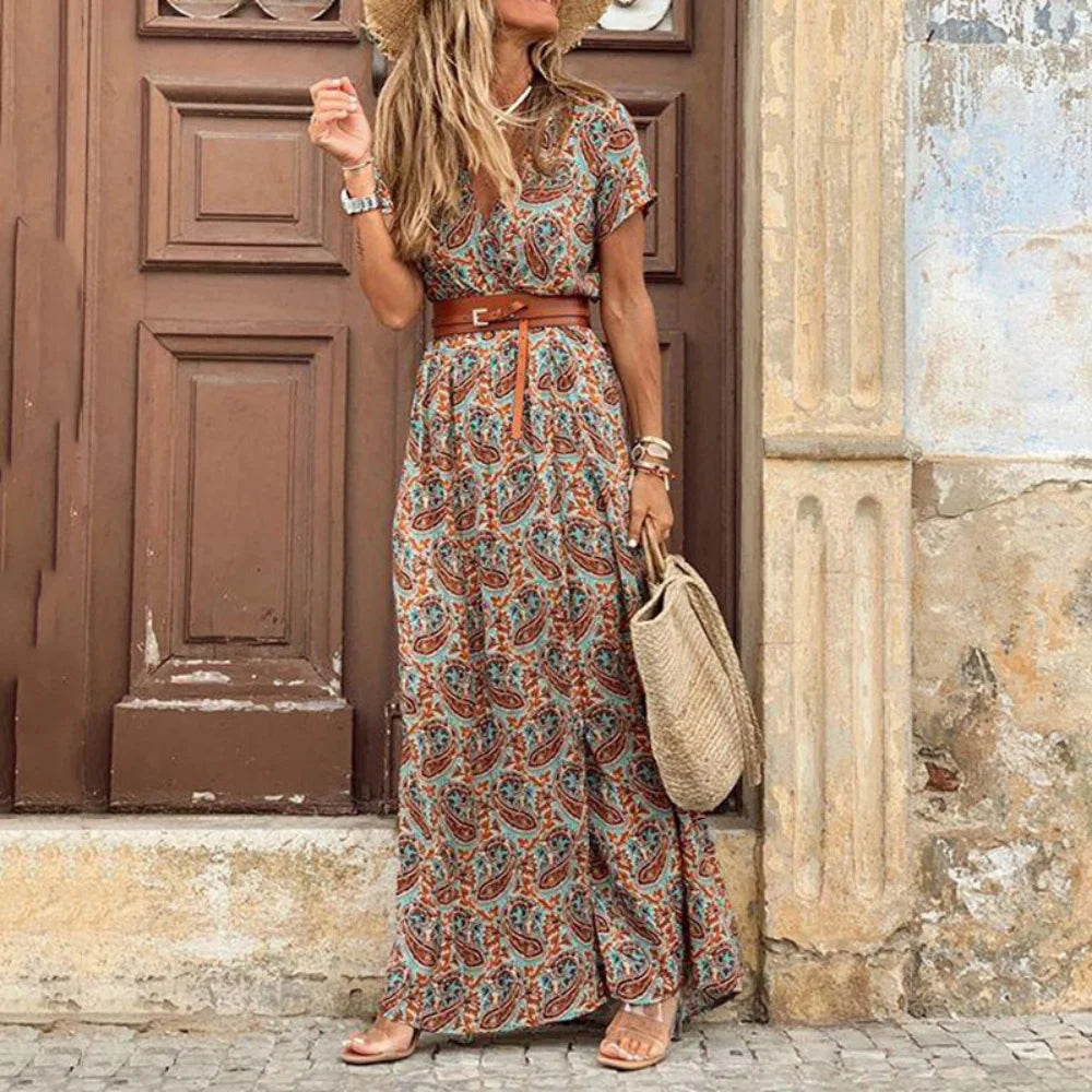 Summer Trend V-Neck Women Retro Vintage Print Slim With Belt Sexy Casual Elegant Holiday Dress High Slit Irregular Midi Dress