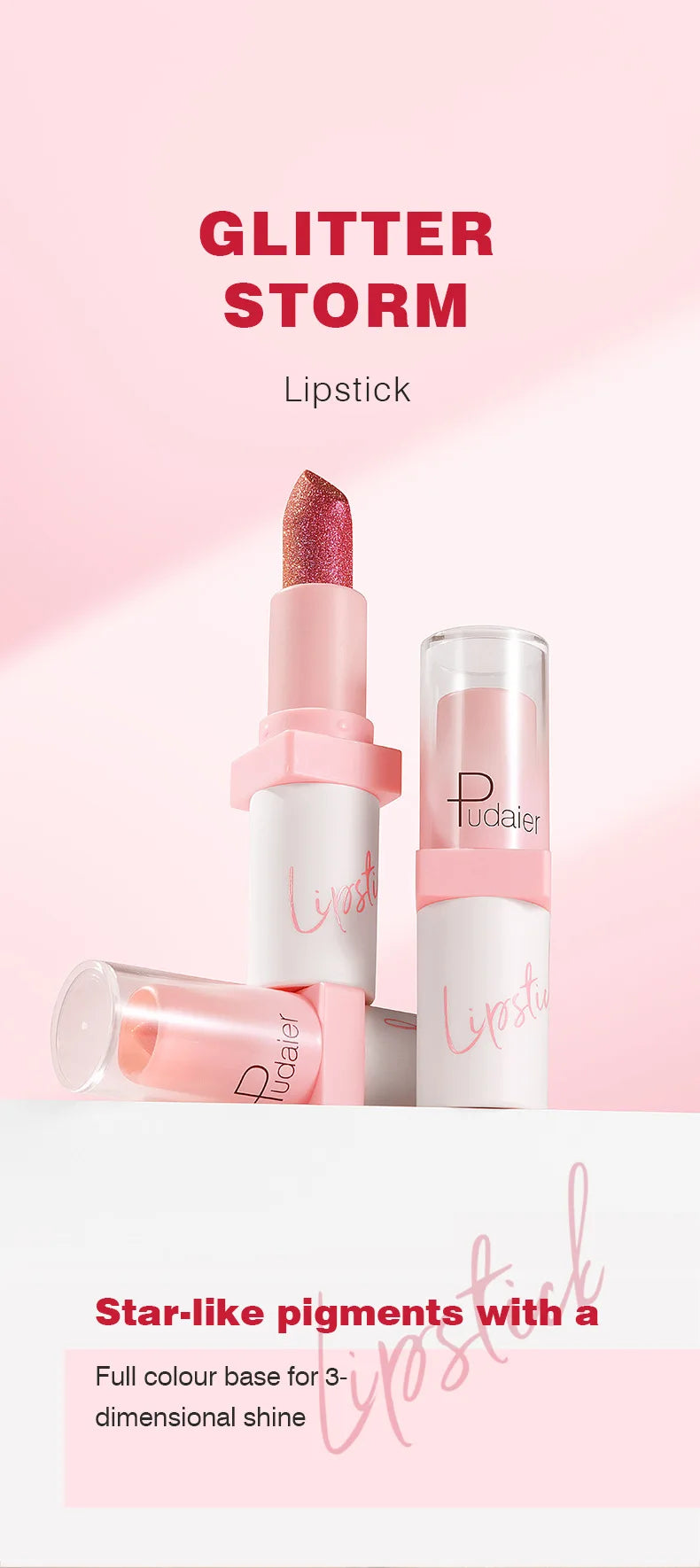 Pudaier Shimmery Diamond Lipstick: 10 Shades of Waterproof Glitter & Metallic Shine