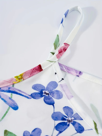 Printed Design Four Seasons casual style Floral Pattern With Butterflies And Leaves V-neck sling dress
