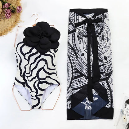 2024 Sexy Women's Swimsuit with Skirt One-Piece Swimwear Vintage Ruffle V Neck Cover Up Bikinis Set Beachwear Bathing Suit