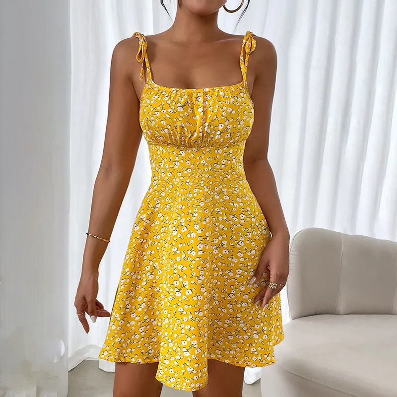 French Style Floral Summer Mini Dress: Sleeveless Camisole with Tie Straps