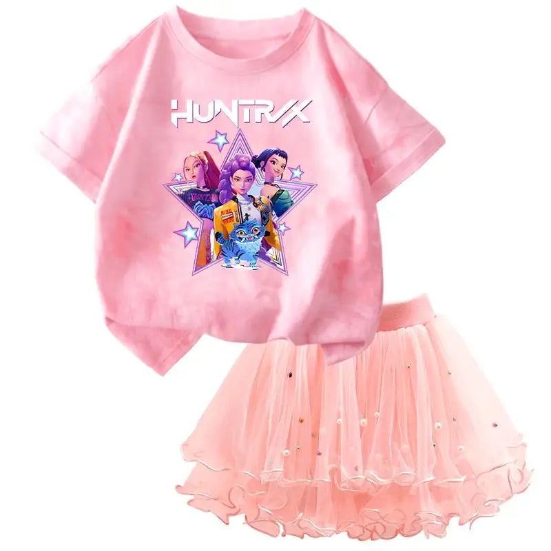 Girls' K-Pop HUNTRX Princess Set: Tie-Dye Graphic Tee & Pearl Tutu Skirt 2-Piece Outfit
