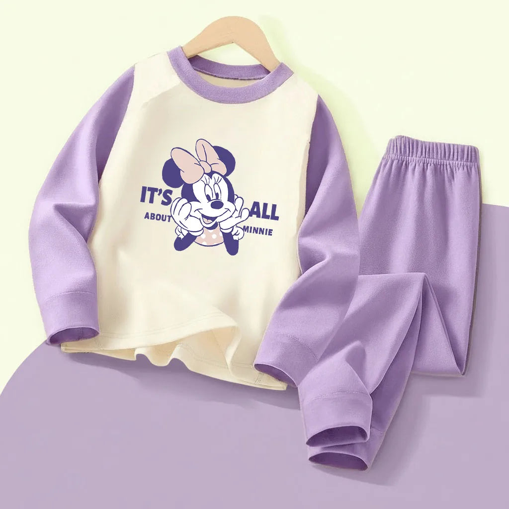 DISNEY MINNIE Printed Girls Casual Spliced Sleepwears Sets Autumn Winter Kids Comfy Soft Home Clothing Set Child Pijamas 0-10Y