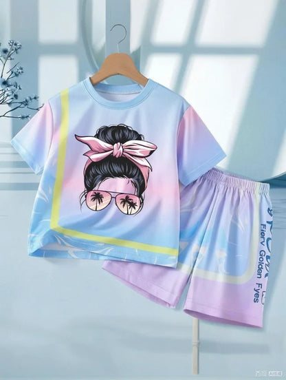 Girls' Sunset Beach 2-Piece Summer Set: Tie-Dye Mesh Tee & Shorts Sport Outfit