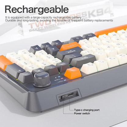 K94 Wireless Gaming Keyboard, BT 5.0/2.4GHz With Dual Mode 2-in-1 Receiver, 95 Keys TKL Rainbow LED Backlit Quiet Keyboard For